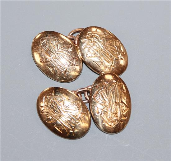 A pair of 18ct oval cufflinks, engraved with monogram , 13 grams.